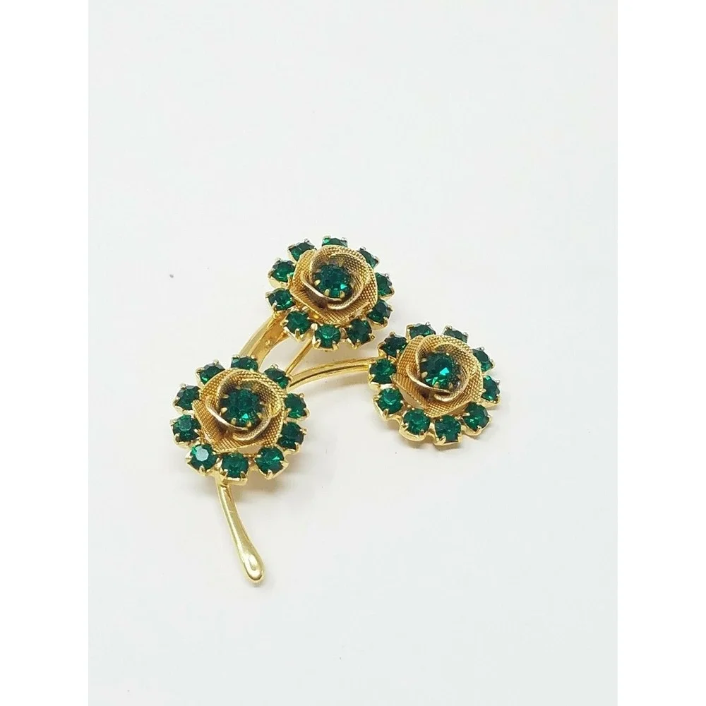 Vtg flower bouquet brooch pin gold tone green rhinestone beads florentine boho